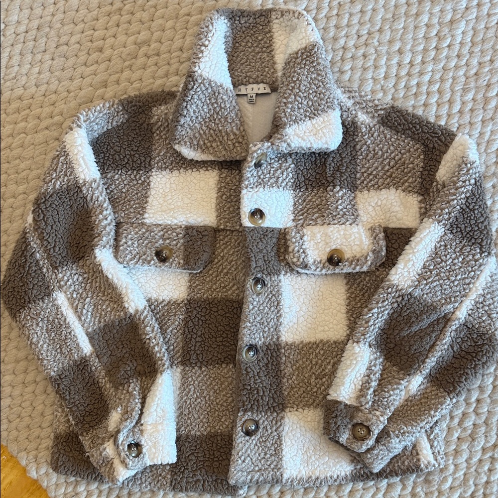 HYFVE womens Plaid Button Down coat Brown and Cream